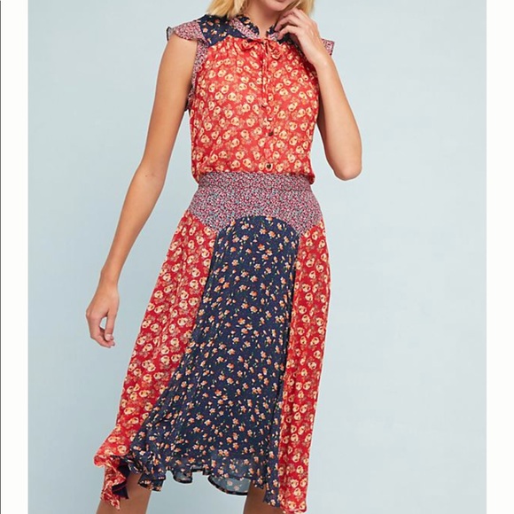 Anthropologie Floral Meadow Rue Prairie Red Blue Chiffon Skirt